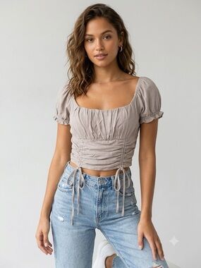 Ruched Square-Neck Crop Top in taupe grey